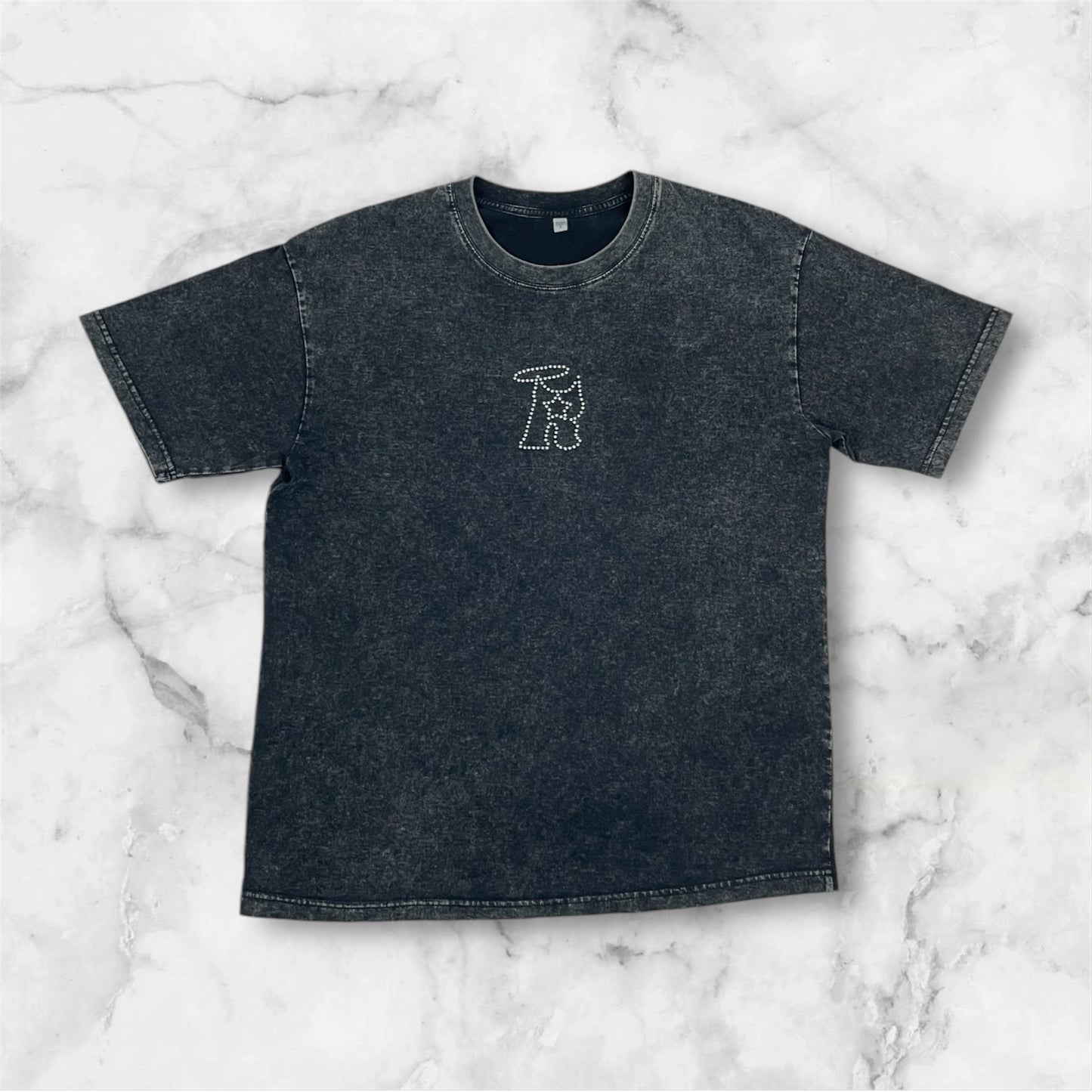 R-Logo Rhinestone Tee (Black Acid Wash)