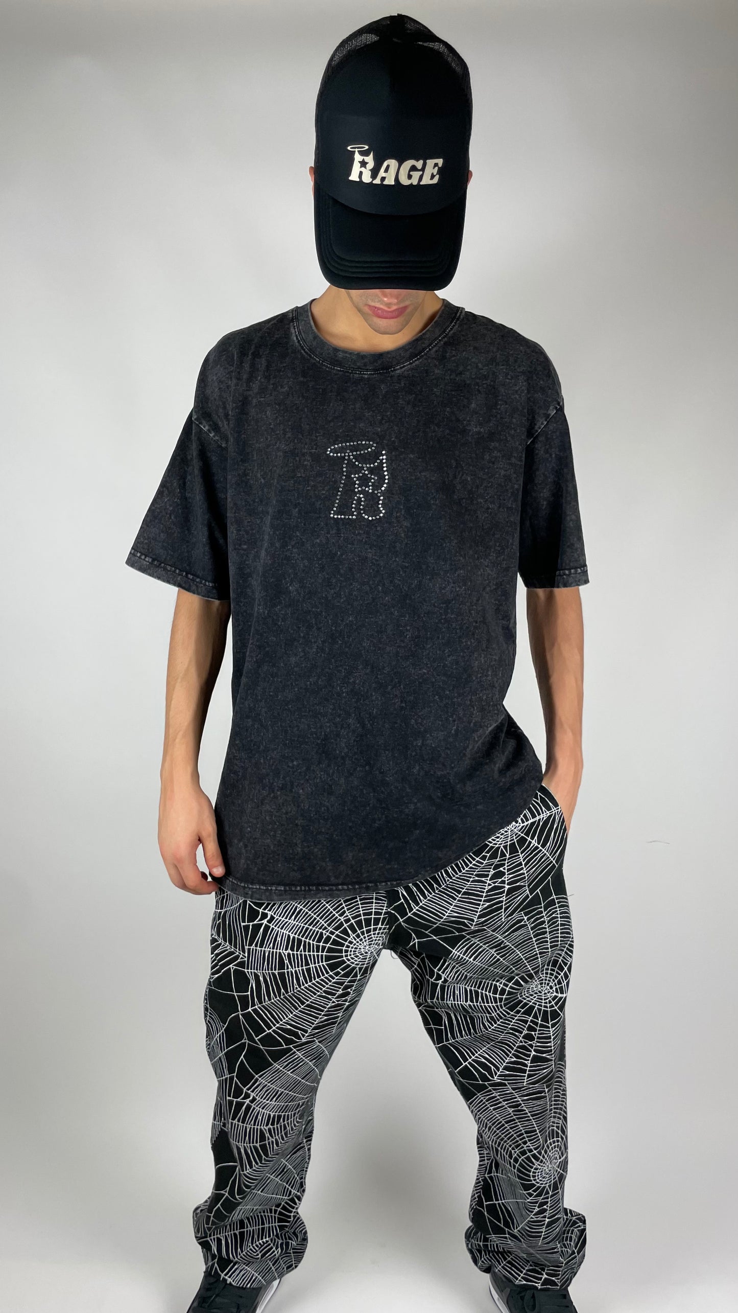 R-Logo Rhinestone Tee (Black Acid Wash)