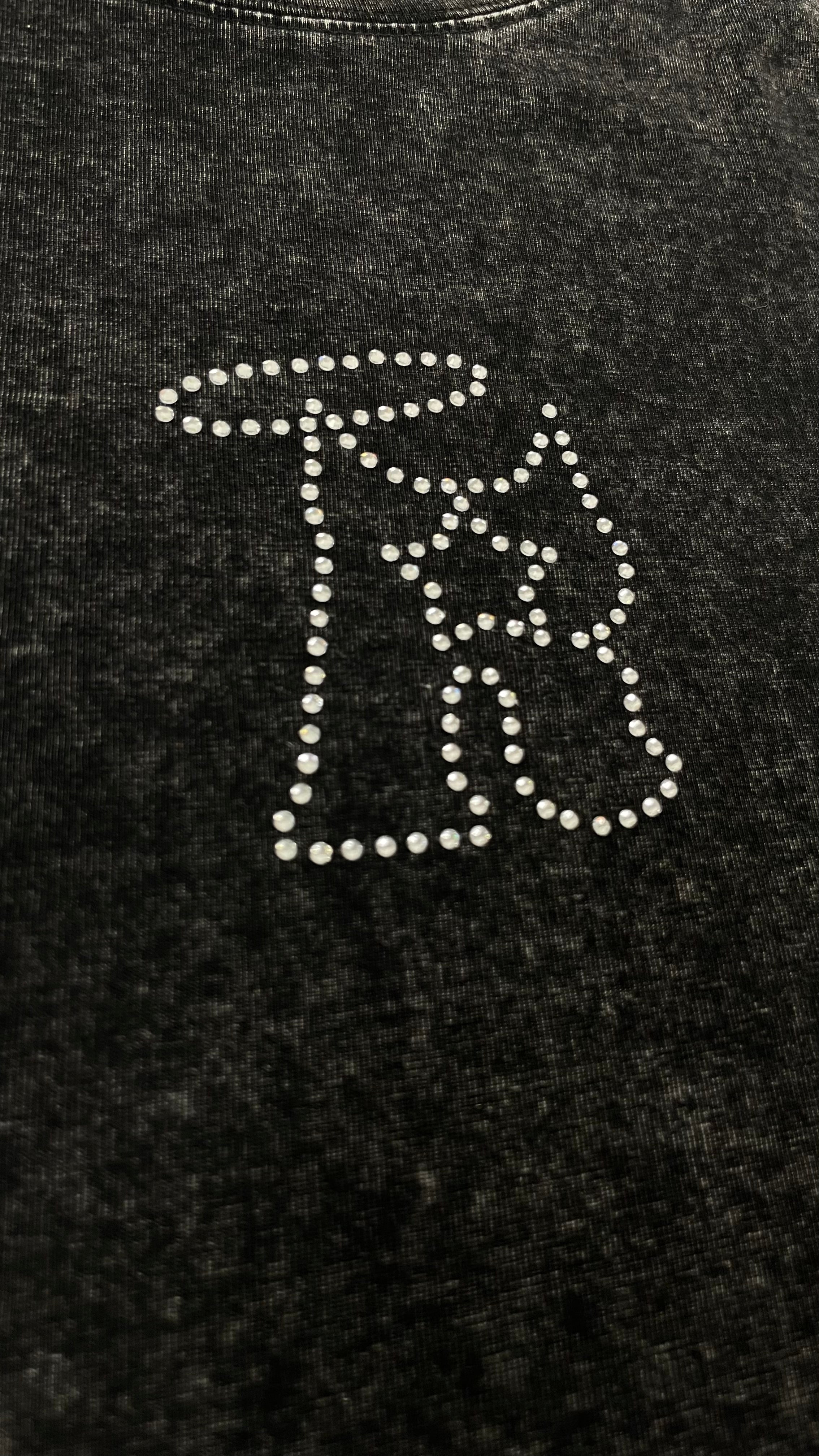 R-Logo Rhinestone Tee (Black Acid Wash)